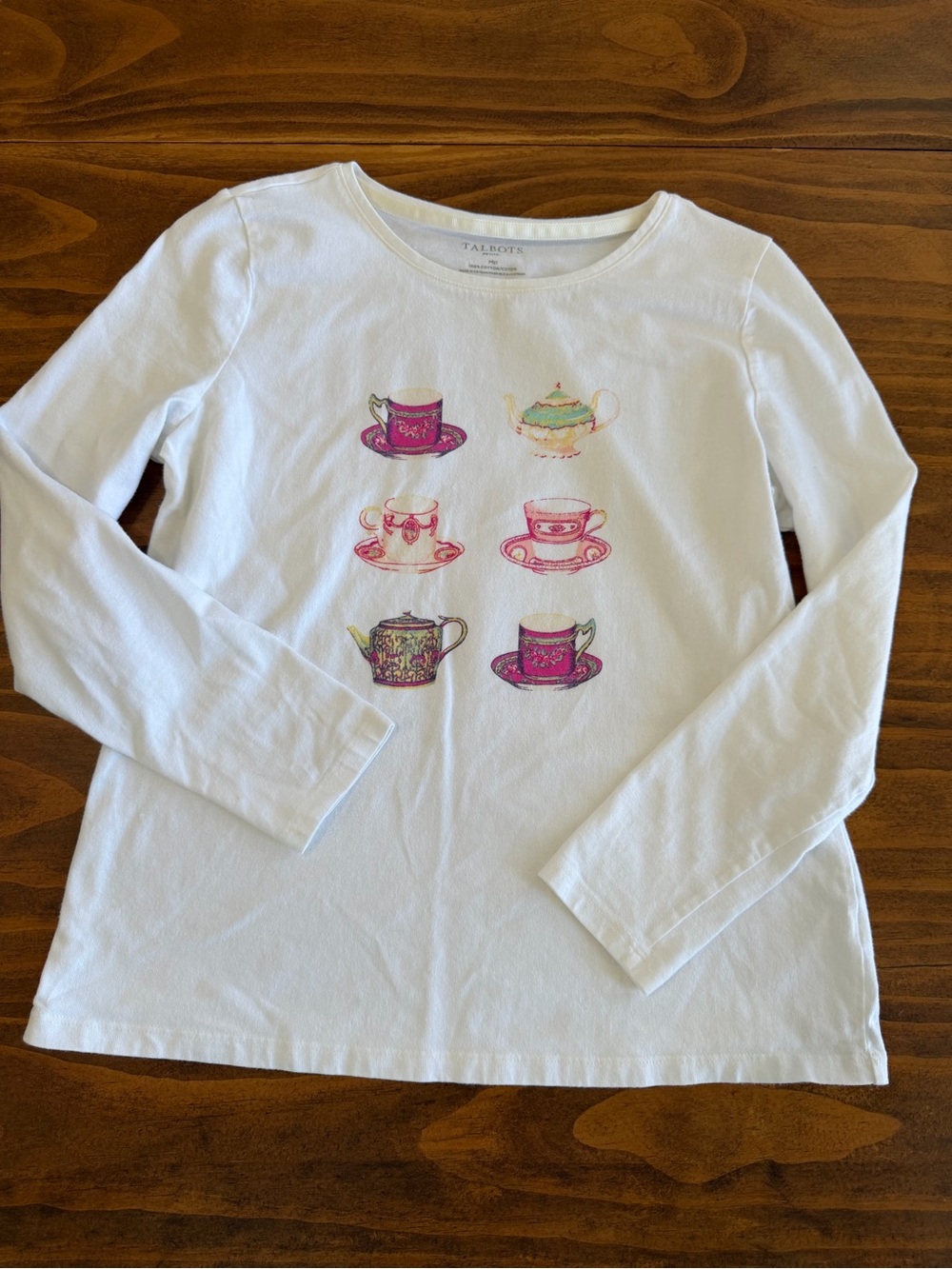 Talbots Women’s Medium Petite White Long-Sleeve Tee with Pink Teacup Print
